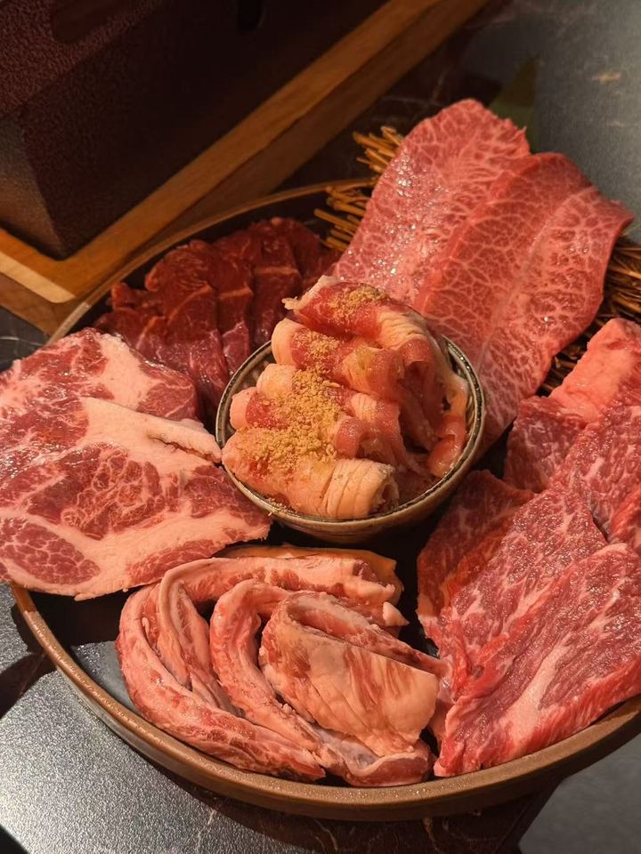 A big platter of raw beef cuts