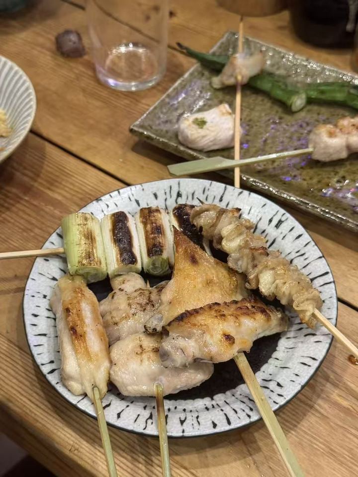 A plate of yakitori with leeks and chicken wings